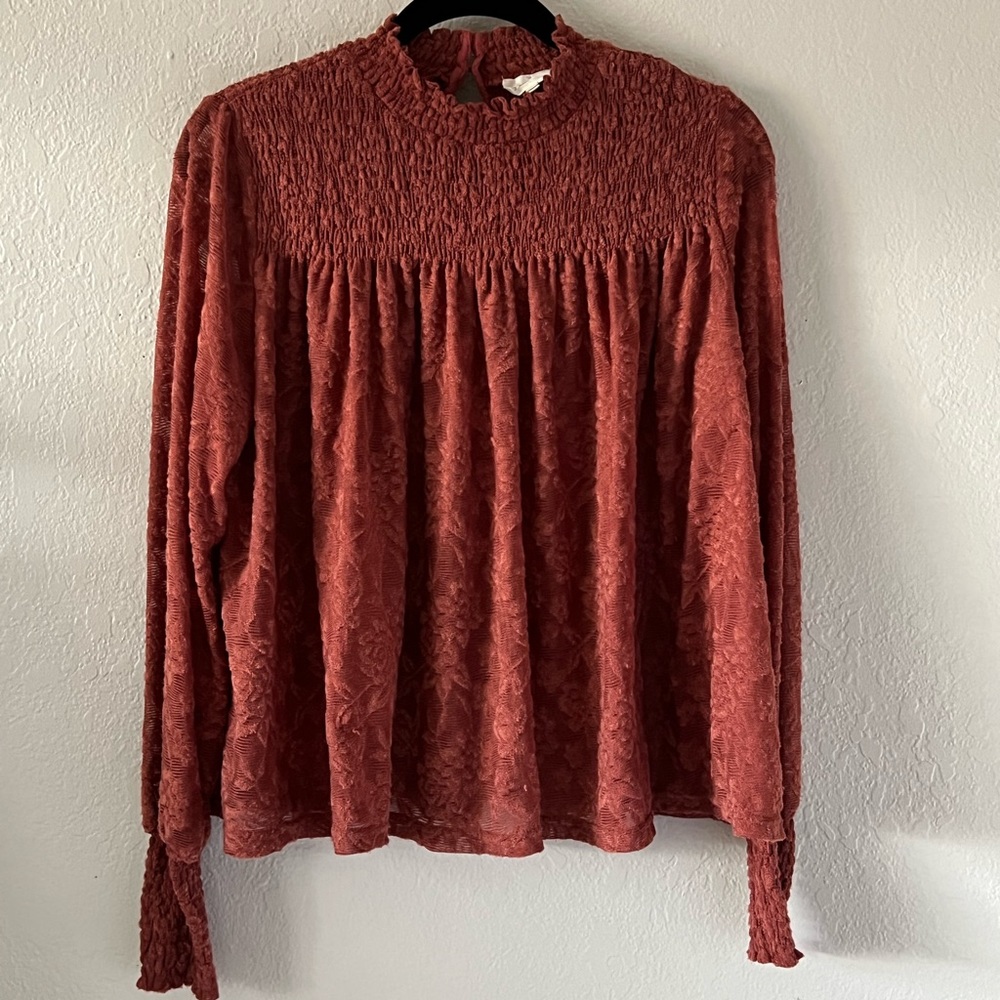 Anthro Deletta Smocked Mock Neck Lace Top